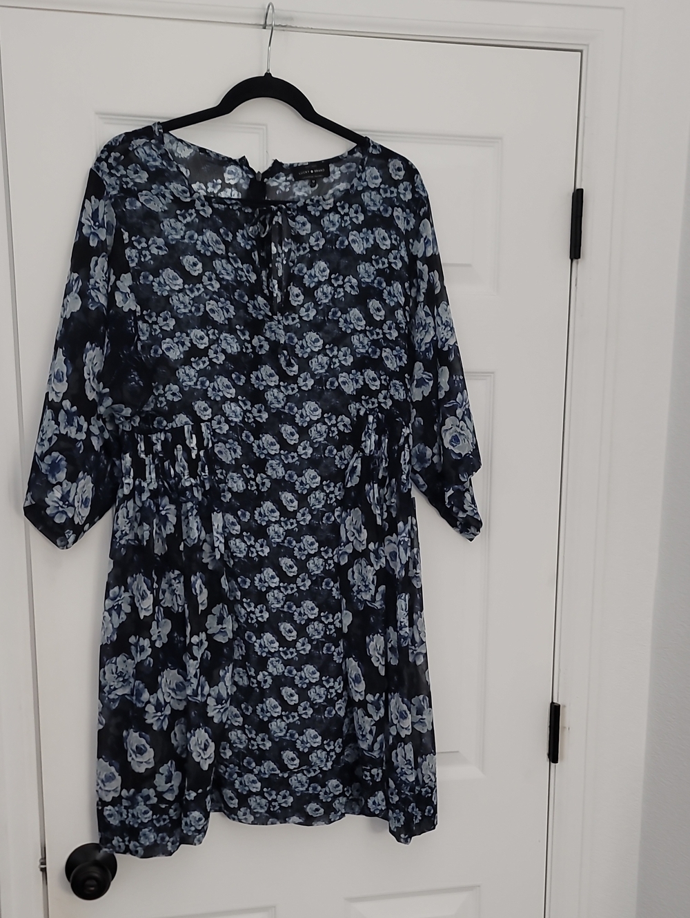 Lucky Brand Navy Floral Tie-Neck Midi Dress with Light Blue Blooms